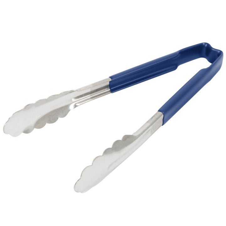 Vollrath 4780930 Stainless Steel One-Piece Scalloped Tongs with Blue Kool-Touch Handle 9.5"