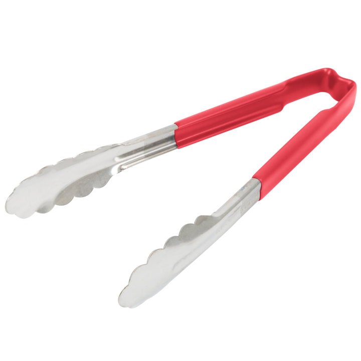 Vollrath 4780940 Stainless Steel One-Piece Scalloped Tongs with Red Kool-Touch Handle 9.5"