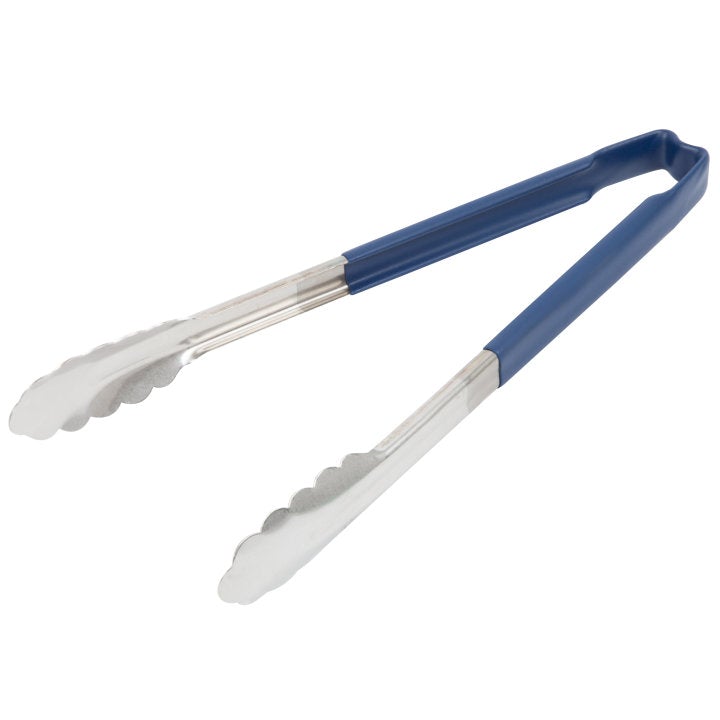 Vollrath 4781230 Stainless Steel One-Piece Scalloped Tongs with Blue Kool-Touch Handle 12"