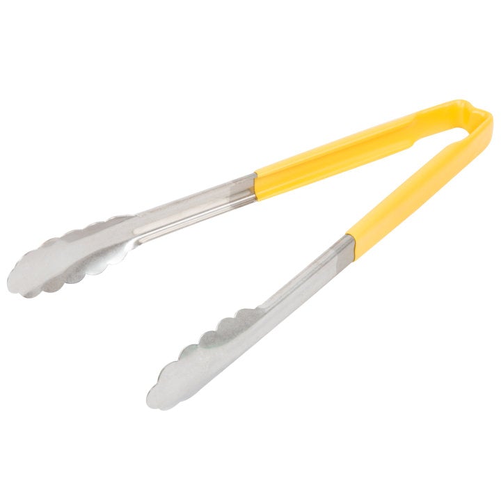 Vollrath 4781250 Stainless Steel One-Piece Scalloped Tongs with Yellow Kool-Touch Handle 12"
