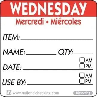 National Checking DIDU2203R 2"X 2" Wednesday Trilingual Dissolvable Label National Checking
